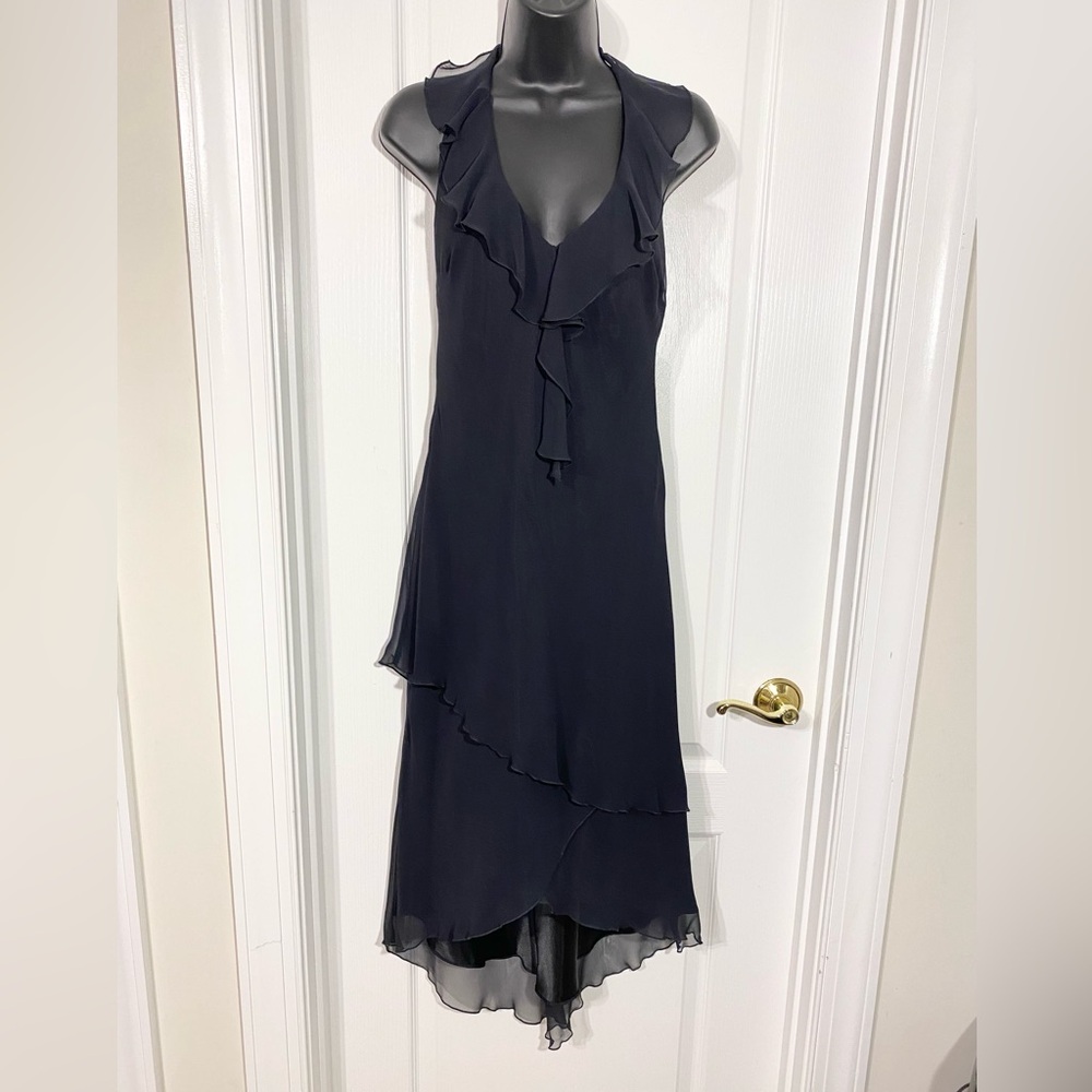 ABS Allen Schwartz Sheer Tiered Ruffle Asymmetrical Halter Dress Black Small